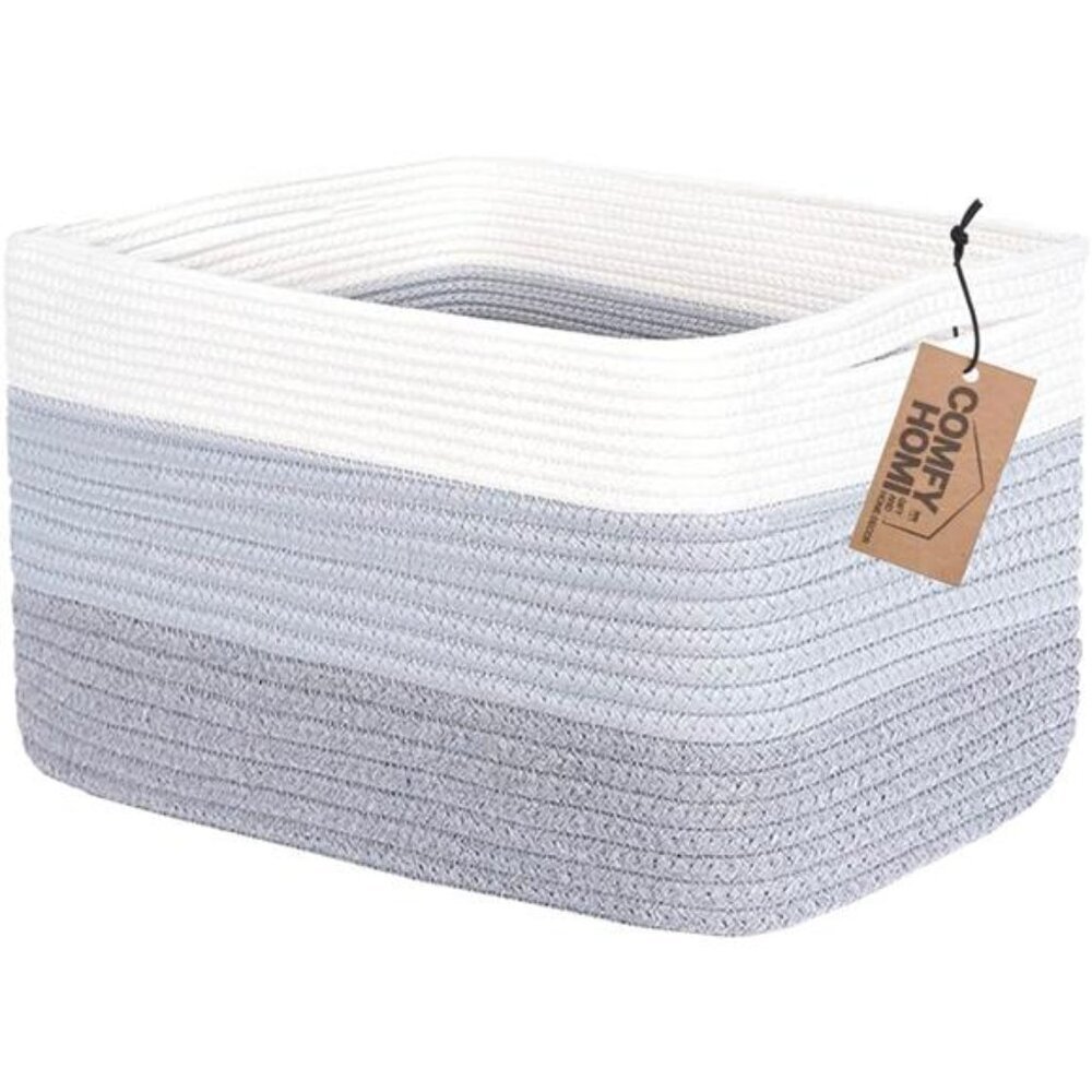 Cotton Rope Woven Basket with Handles for Shelves,Toys,Book, Cloth Storage